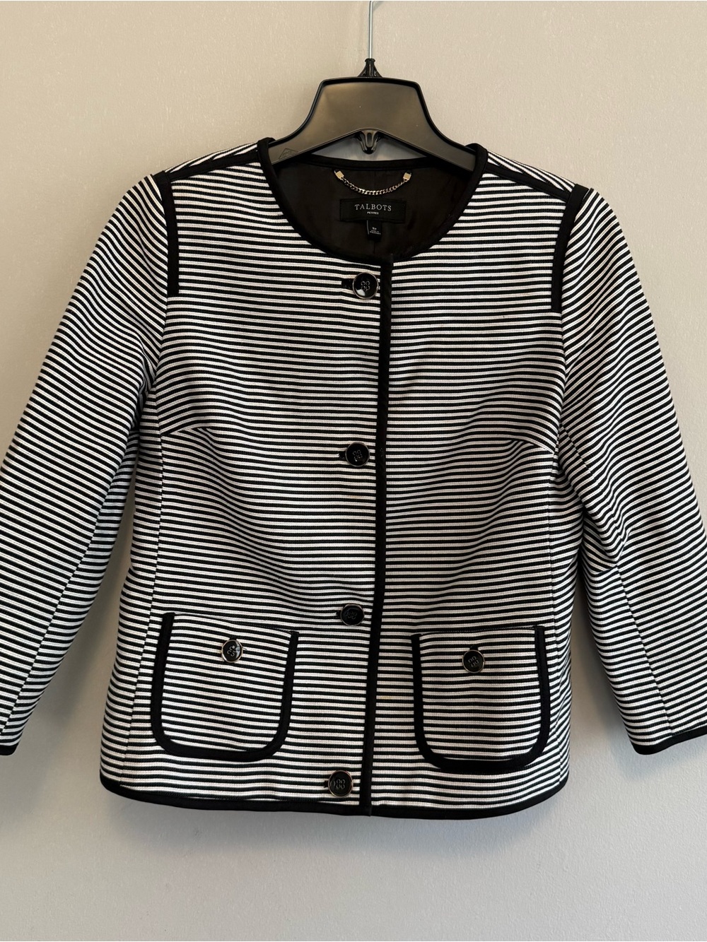 Talbots Black and White Striped Collarless Structured Elegant Blazer Size 8P